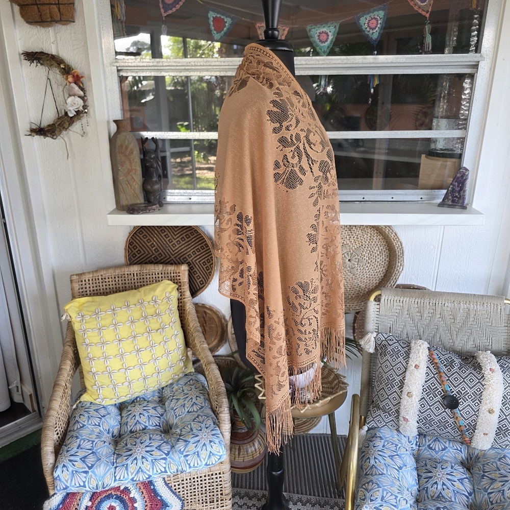 Fringe Wrap Hippie Vintage Tan Floral Lace Scarf Boho Chic Bohemian - Picture 8 of 10
